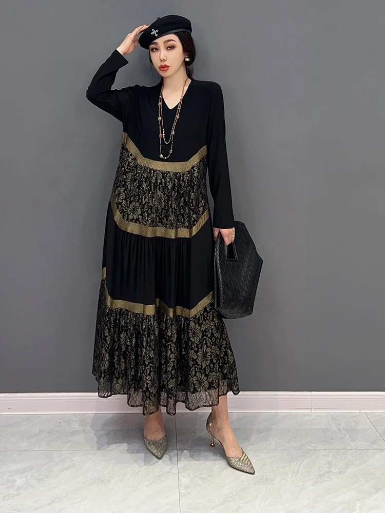 Vefadisa 2024 Spring Autumn V-neck Pullover Dress Mid-length Mesh Splicing Printing Dress Loose Temperament Women Dress LHX4091