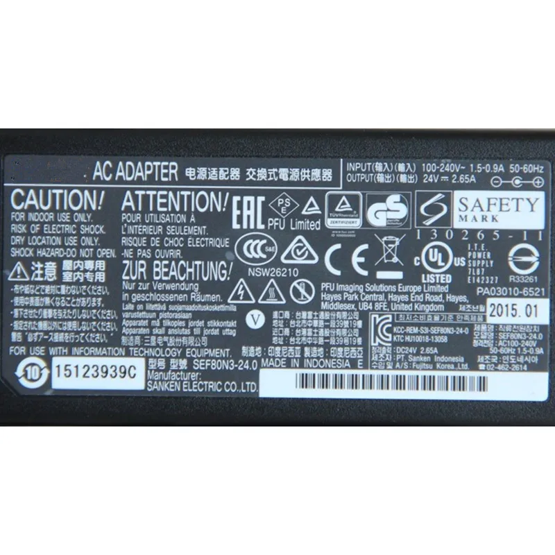 Genuine 24V 2.65A 63.6W AC Adapter Charger SED80N3-24.0 SEF80N3-24.0 for Fujitsu fi7280 7460 6240 6130 7230 Scanner Power Supply