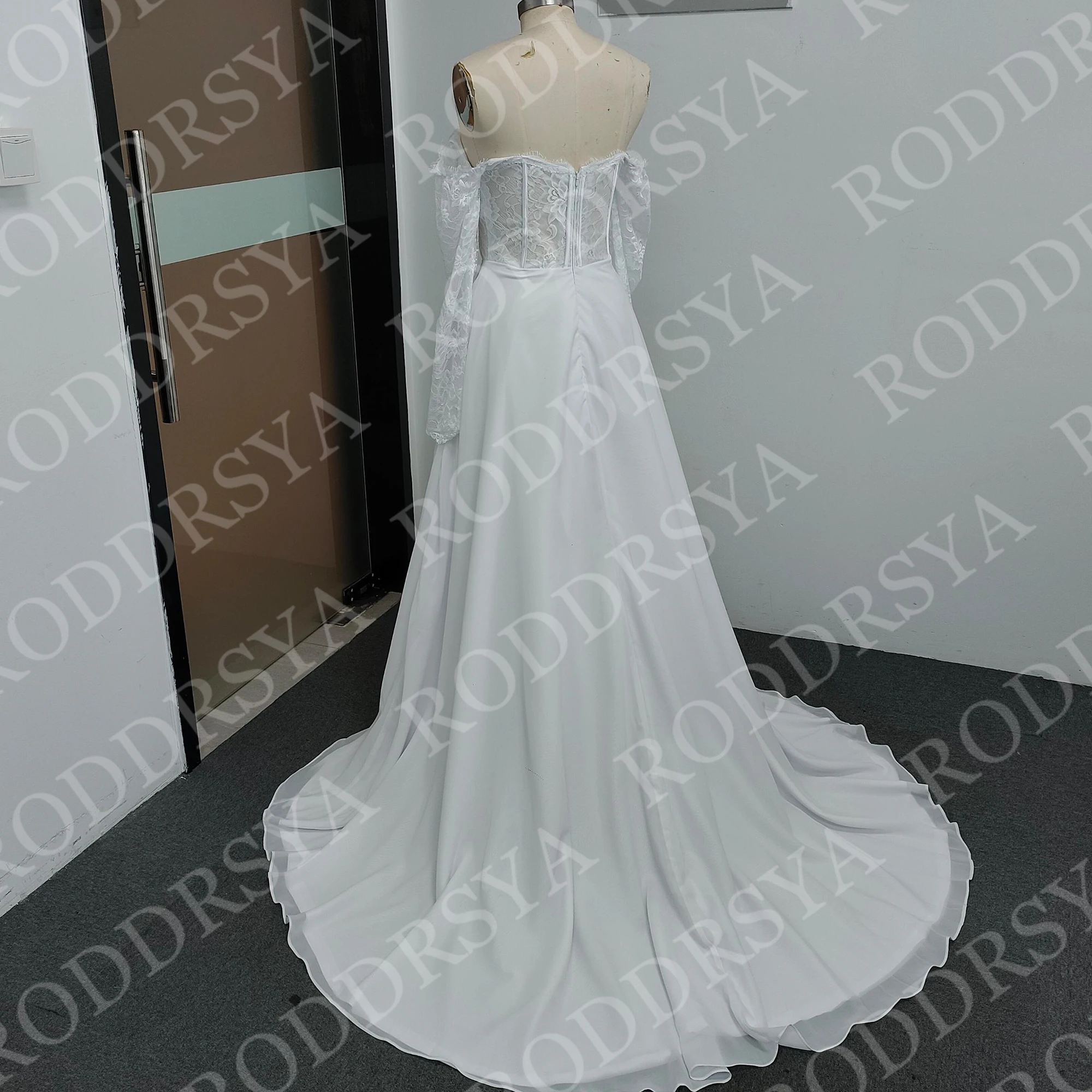 RODDRSYA Elegant Wedding Dresses Boho Woman Off Shoulder Lace Long Sleeves Split Bridal Dress Chiffon Customized Robe De Mariée