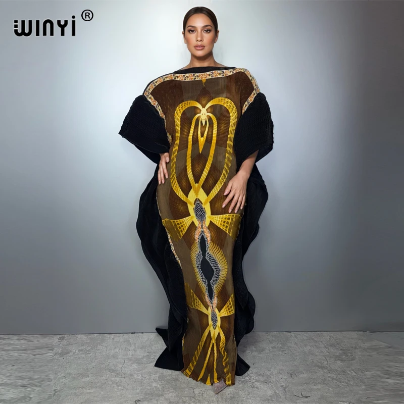 

WINYI Pleated Elastic slim dress boho beach cover up holiday kaftan abaya dubai luxury party dress evening dress muslim woman