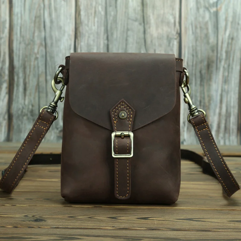 

Vintage Brown Genuine Leather Cowhide Single Shoulder Crossbody Bags Retro Casual Distressed Patina Daily Commuting Phone Purse