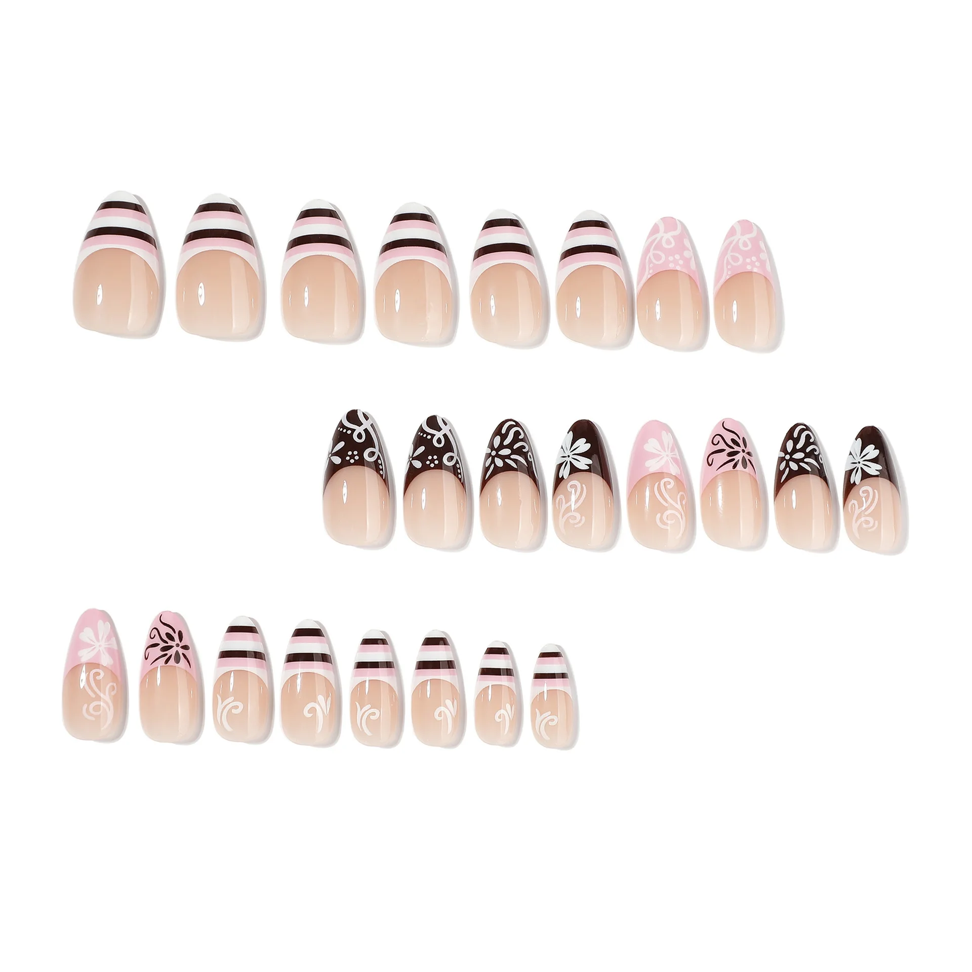 24pcs Pink Brown French Tip Press On Nails Drawn Flower Swirl Stripe Design False Nail Short Almond Fake Nail for Women&Girl