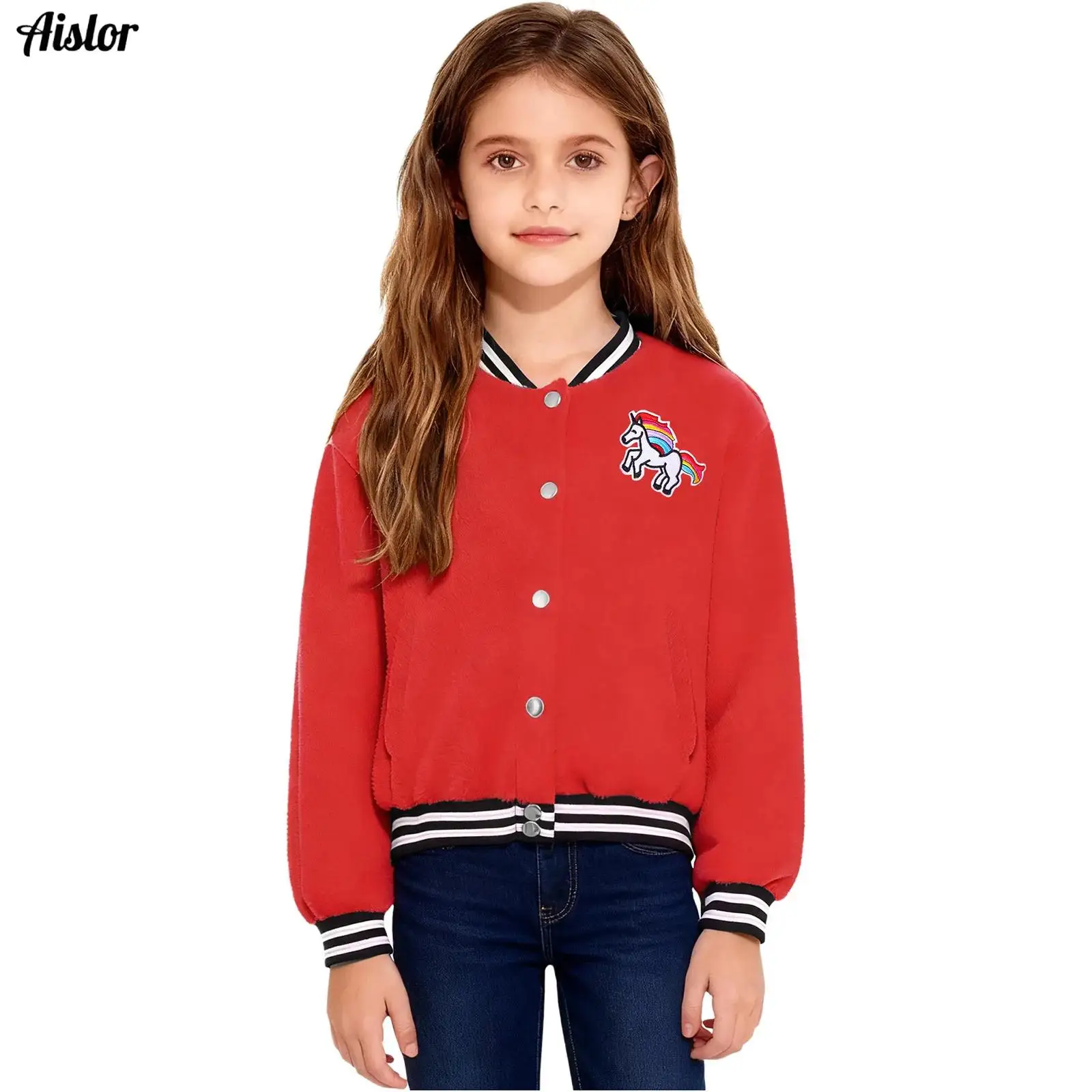 

Kids Girls Baseball Jackets Outerwear Autumn Fashion Sports Clothes Horse Flannel Long Sleeve Press Buttons Stripes Hem Coat