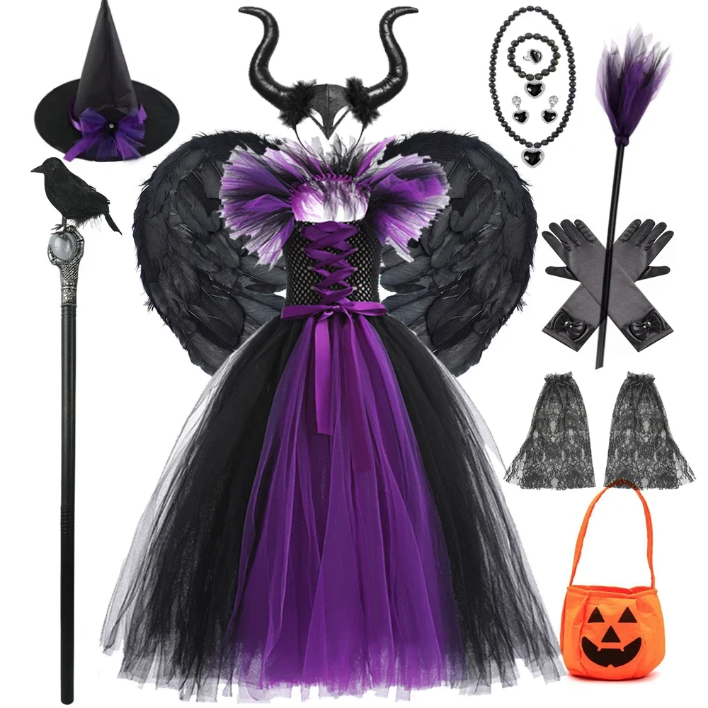 Children Cosplay Apparel for Halloween 2025 Maleficent Costume Tutu Dress Girl Evil Queen Disguise Witch Gown Villain Costume