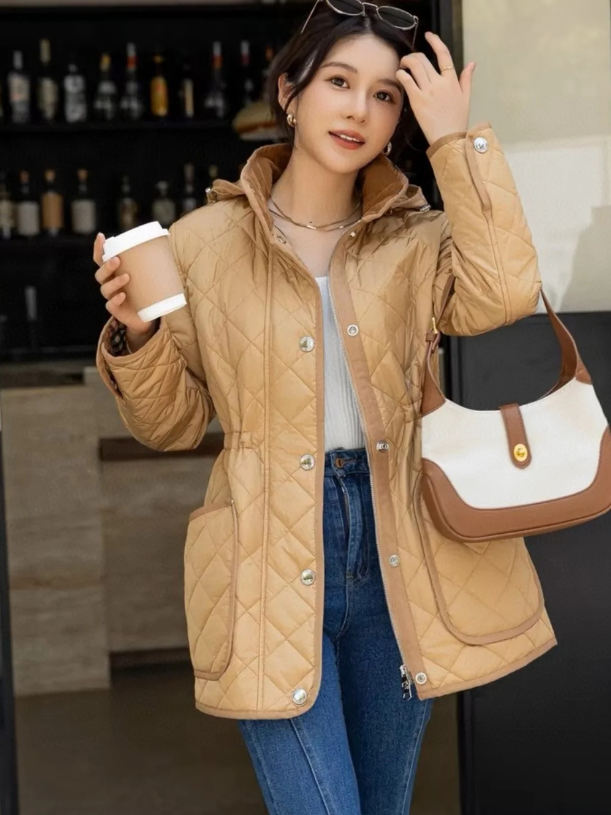 

High Quali Cotton Jaet Diamond Pattern Warm Autumn Winter Bet BUBURY Sli Briti Commute Long Sve Coat