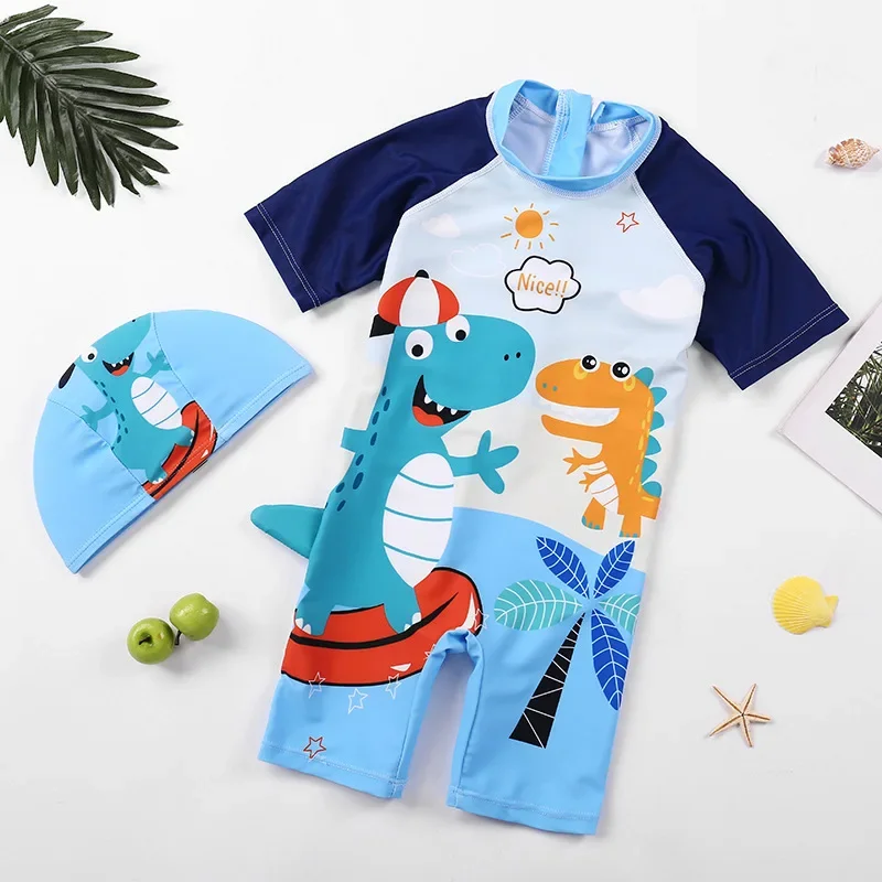 Children\'s One-piece Swimsuit 2-8 Year Old Baby Boys Cartoon Dinosaur Print Swimwear with Hat Toddlers Diving Suit Rashguard