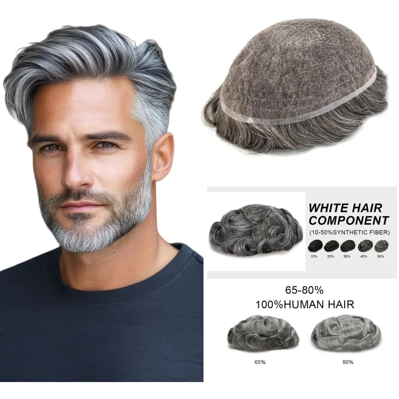 

7x10 Inch Hair Replacement Men Human Hair Toupee Full Lace Base Grey | For Sightseeing Colors 1B20 1B60 #7 All Day