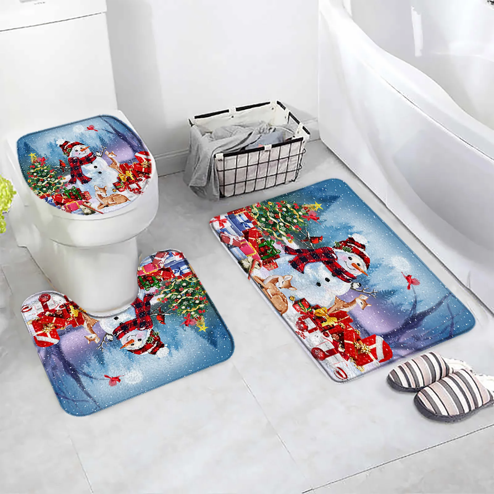 

Рождественский снеговик, комплект ковриков для ванной, зимний лес, рождественская елка, подарки, олень, красные птицы, Новый год, домашний декор для ванной комнаты, напольные коврики, чехол для унитаза