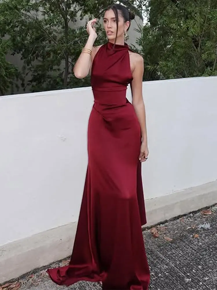 Sexy Burgundy Women's Dress Slim Satin Halter Ribbon Backless Tie Up Sleeveless Maxi Dresses Autumn Evening Party Lady Vestidos