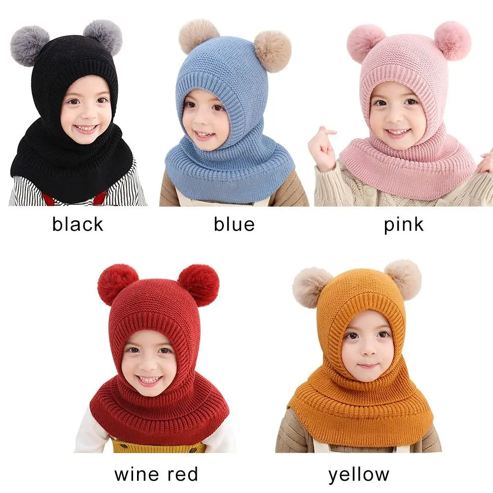 Breathable Warm Hats Two Ball Ear Protection Caps Autumn and Winter Baby Knitted Hat Windproof Head Full Face Neck Cover