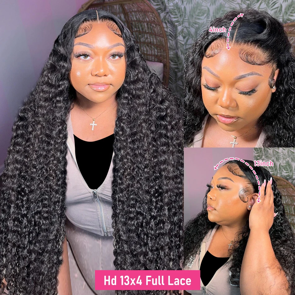 Perruque Lace Front Wig sans colle Deep Wave transparente pour femme, cheveux humains bouclés, HD, 13x6, 40 pouces, 250% adt