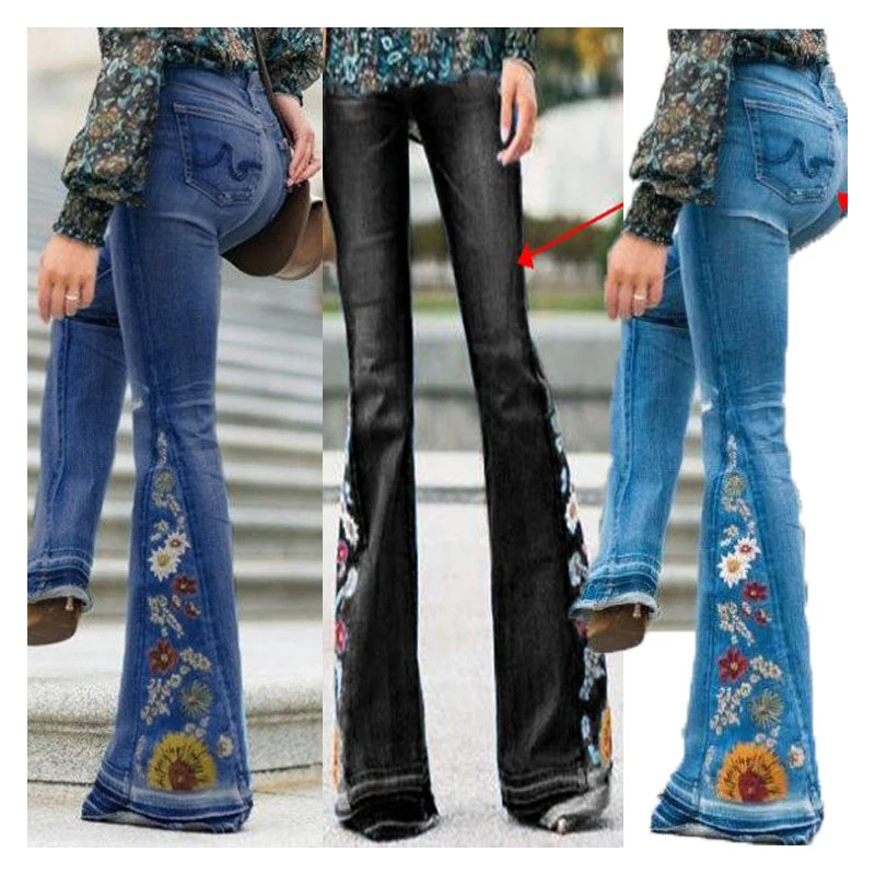 2022 Summer Embroidered Denim Trousers Bell Bottom Pants Ventilation High Street Casual Blue Wide Legged Women Elasticity Pant