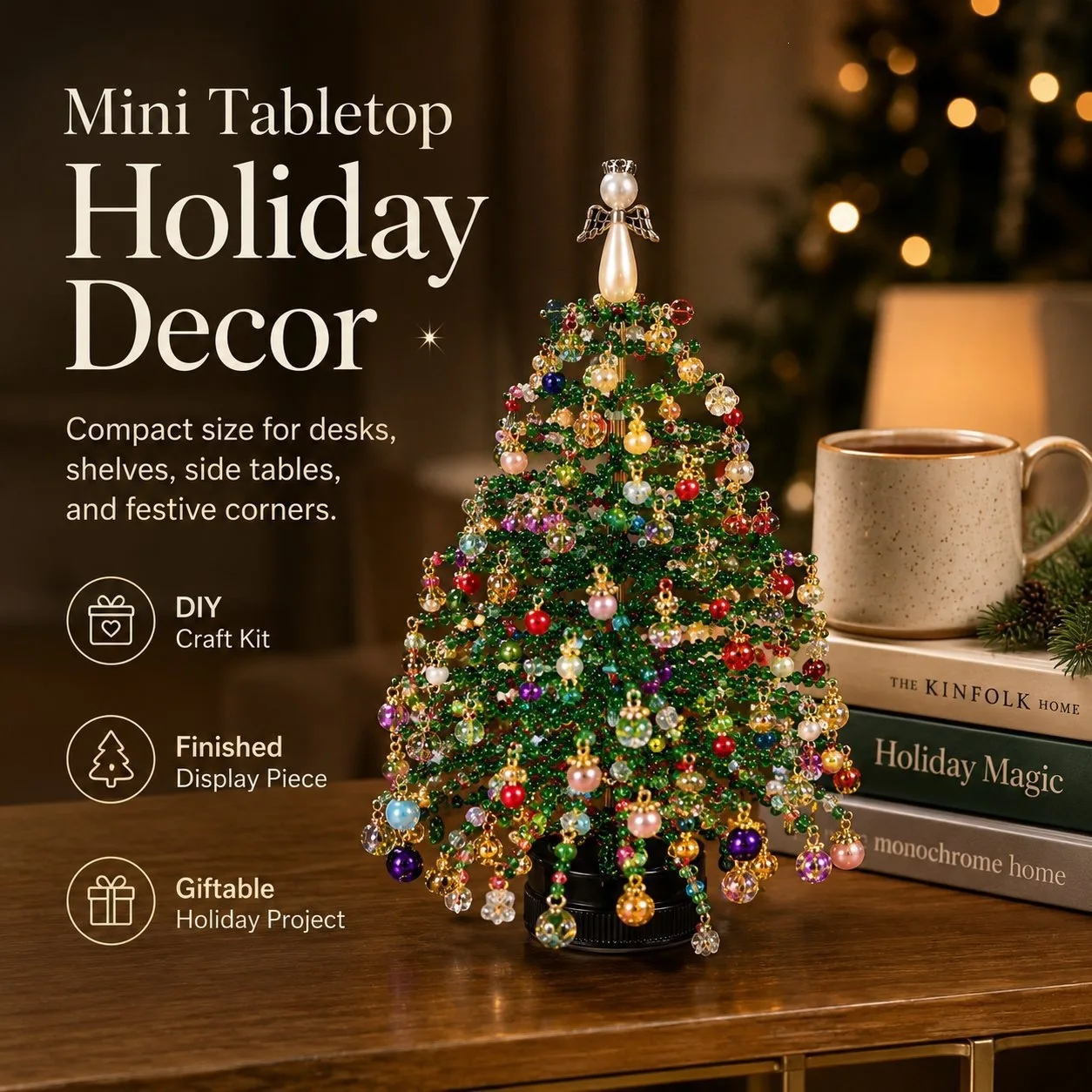 DIY Beaded Christmas Tree Craft Kit Color Pearl Desktop Xmas Tree Indoor Holiday Table Decor, Home Decor Gift for Adults & Kids