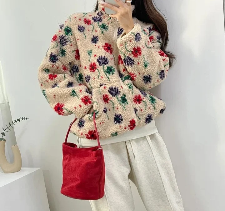 

2025 Winter Loose Flower Zipper Thickened Warm Stand Up Collar Coat