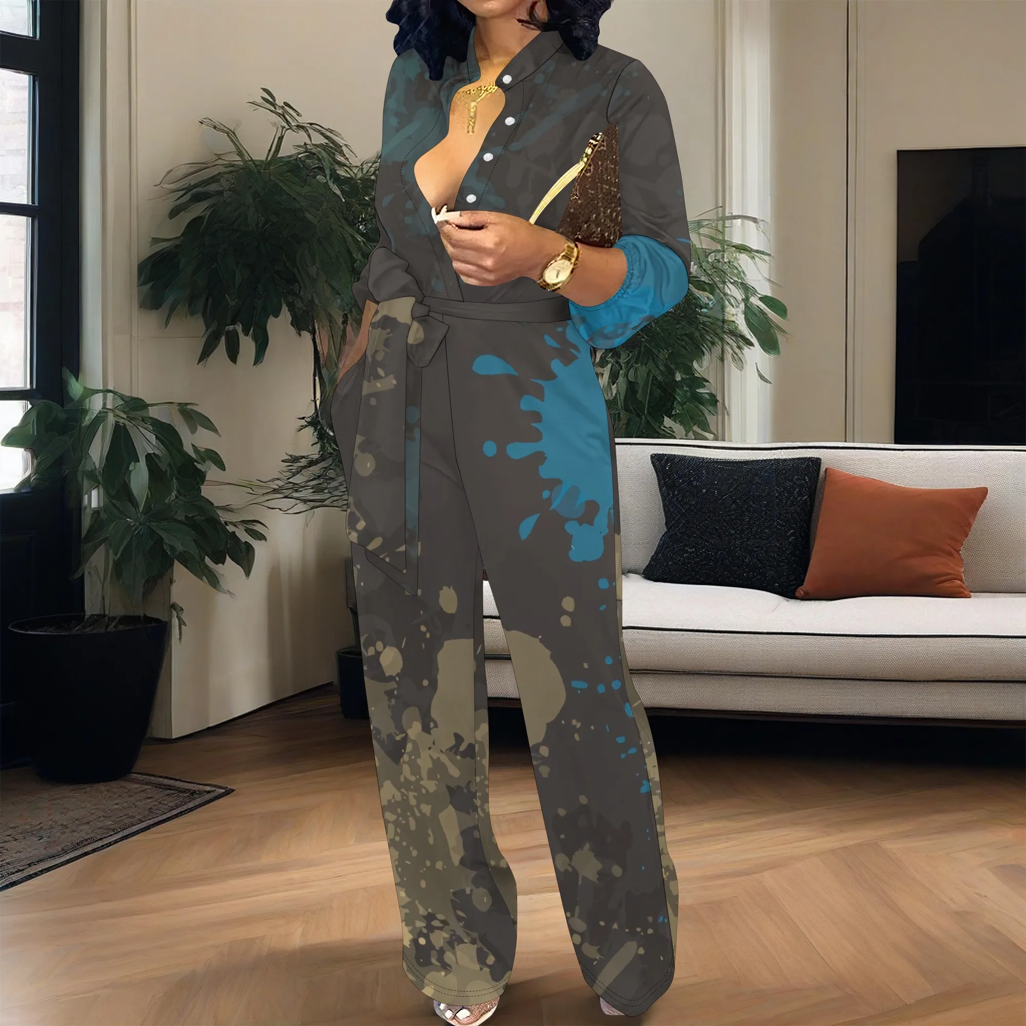 Women’s Long Sleeve Jumpsuit Artistic Paint Print V Neck Belted One Piece Romper Casual Daily Wear