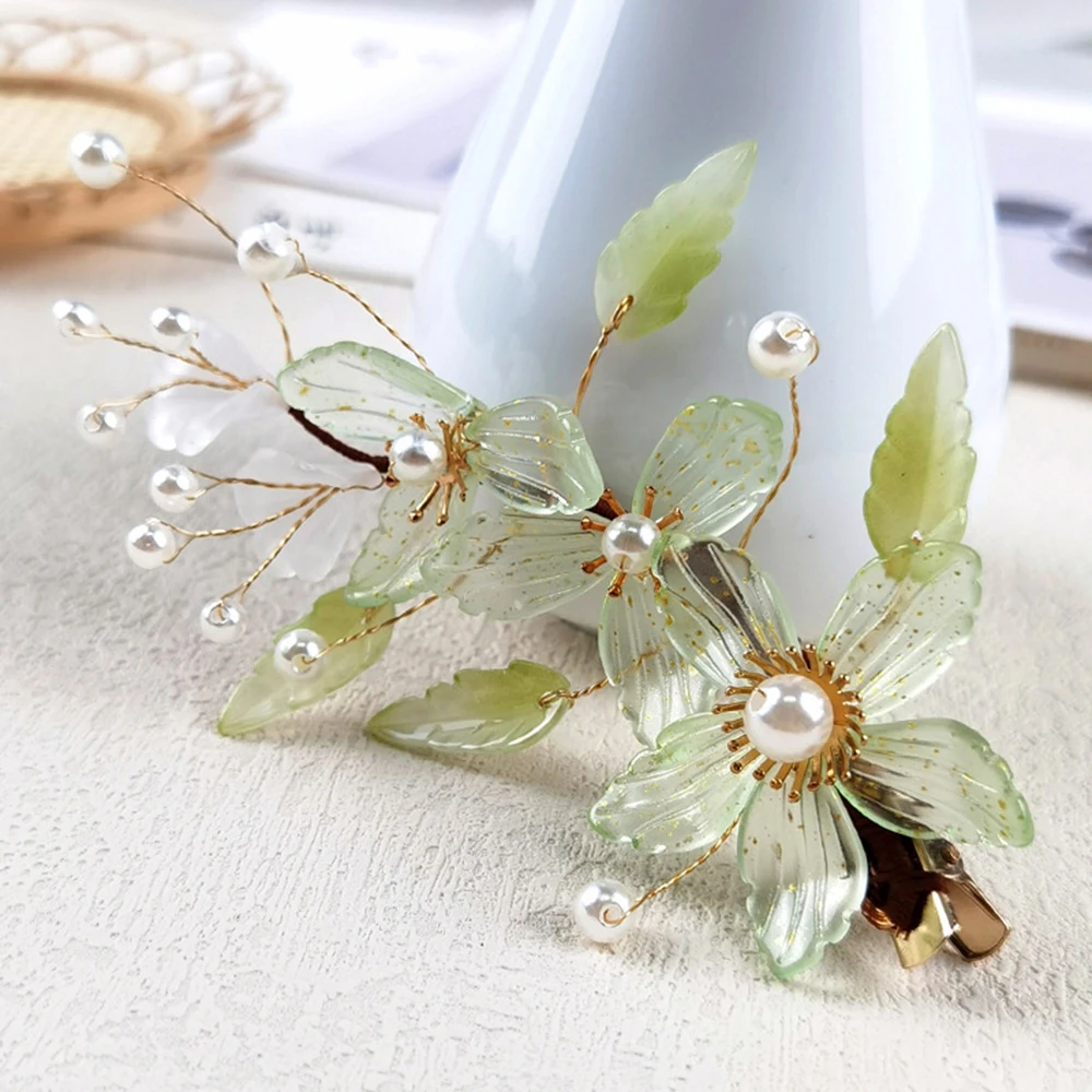 Chinese Hair Clip Hairpins Green Flower Girls Fairy Hanfu Hair Accessories Classic Side Pin Vintage Bride Headdress Hair Jewelry