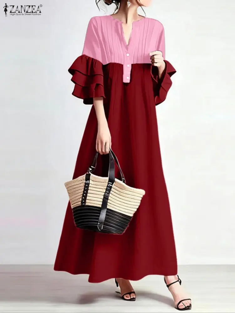 ZANZEA Fashion Maxi Dresses 2025 Women Autumn 3/4 Ruffled Sleeve Long Sundress V-Neck Color Patchwork Casual Loose Vestidos