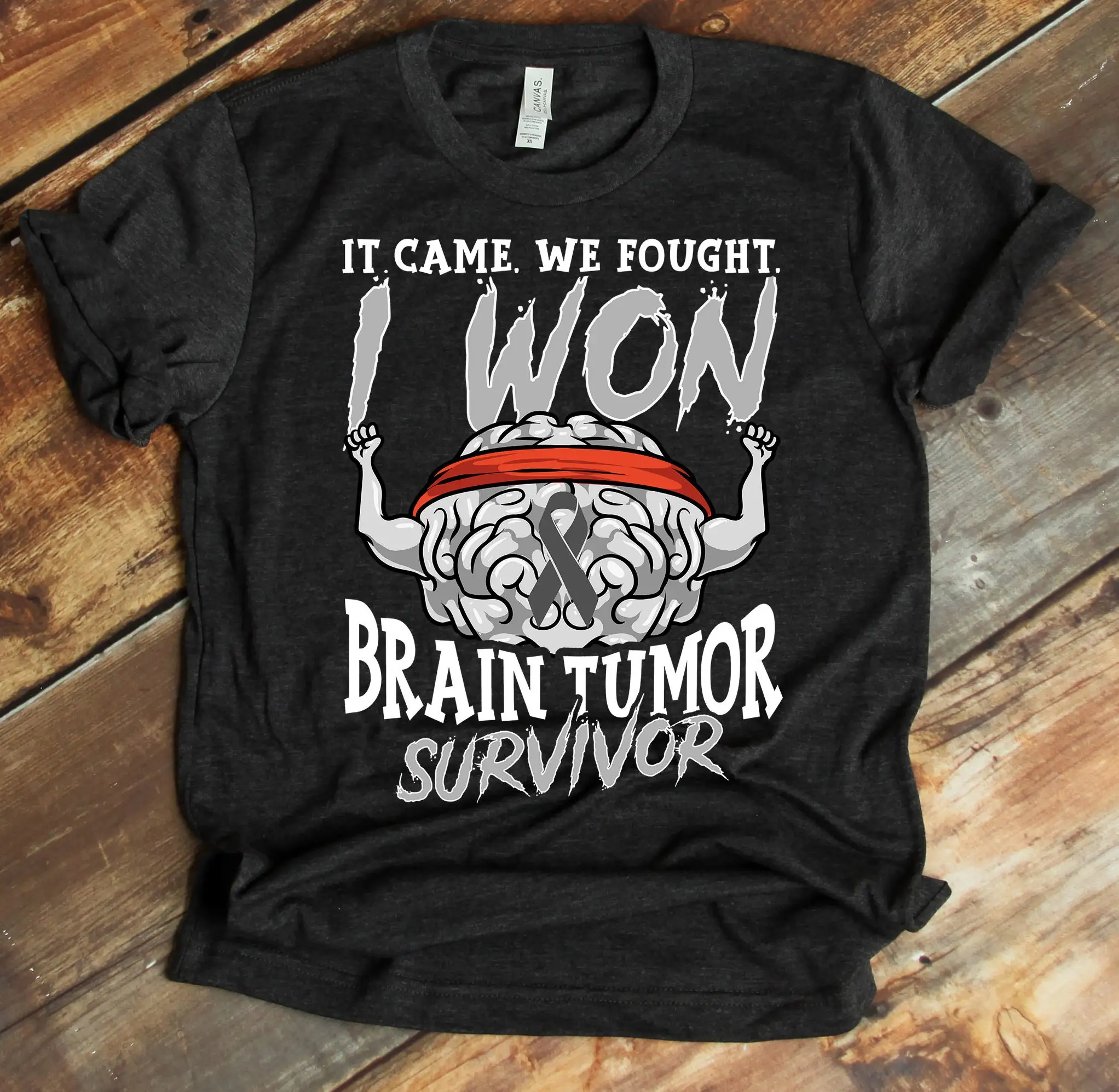 Brain Tumor Survivor Cancer Awareness T Shirt Grey Ribbon Support I Fought And Won