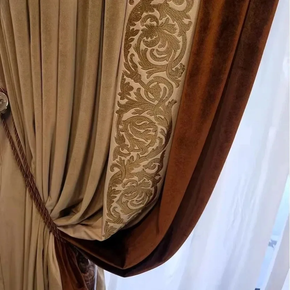 Vintage Customized Milk Tea Brown Embroidery Velvet Patchwork Blackout Curtains for Living Room Bedroom French Window Villa