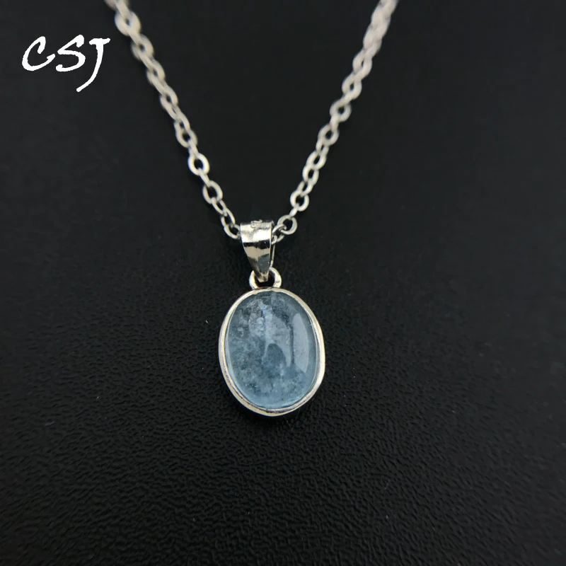 CSJ 100% Natural Aquamarine Pendant Gemstone 7*9mm Necklace for Women Birthday Christmas Party Trendy Jewelry Gift