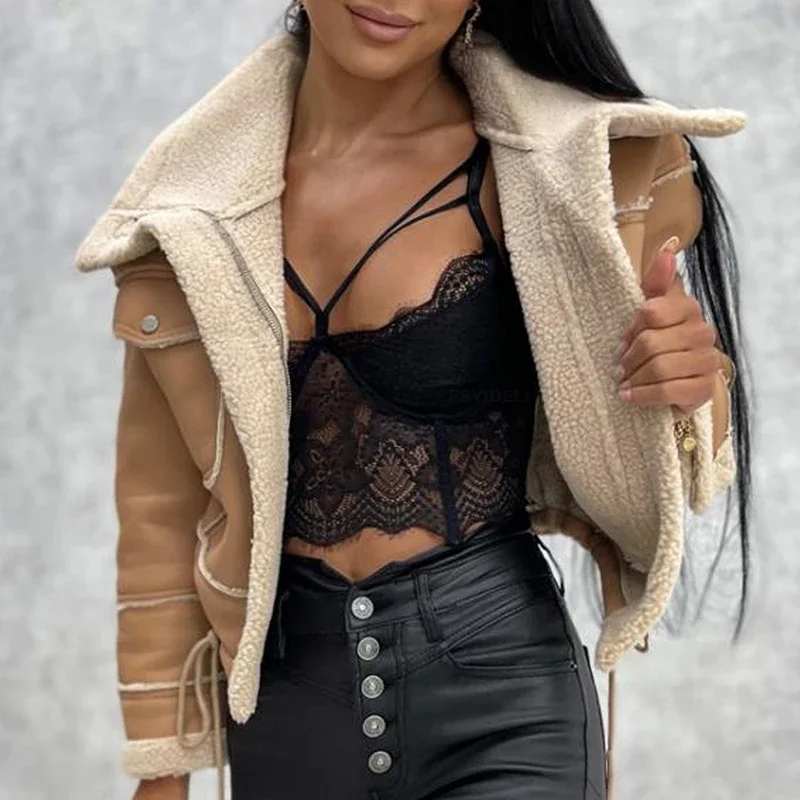 

Women's PU Leather Lamb Fur Short Jacket Vintage Motorcycle Style Zipper Top Mid Thick Zipper Closure Street Style Fashionable