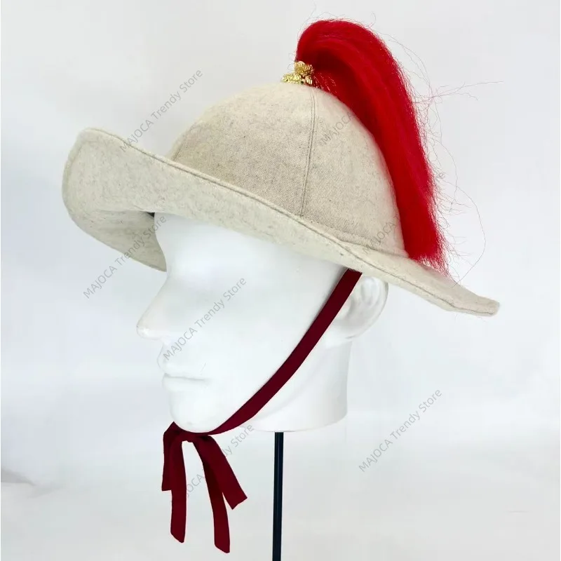 

Chinese Traditional Hanfu Hat Rolled Brim Felt Hat with Red Plume Damao Song Ming Dynasty Costume Historical Reenactment