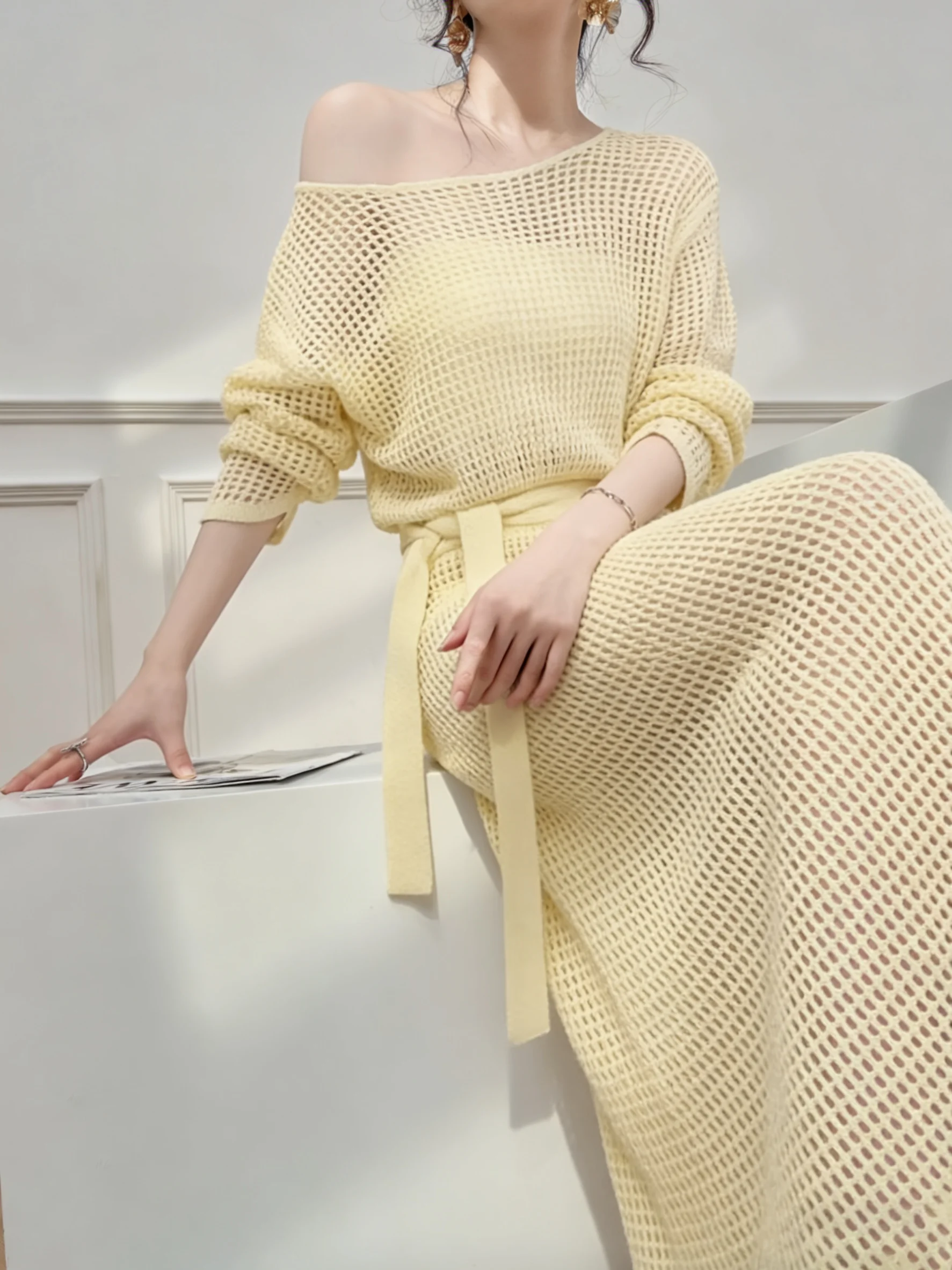 

Unique Yellow round Neck Hollow out Top Half Skirt Set Spring Design Sensation Women's Fashion Ensemble Ageless Beautiful