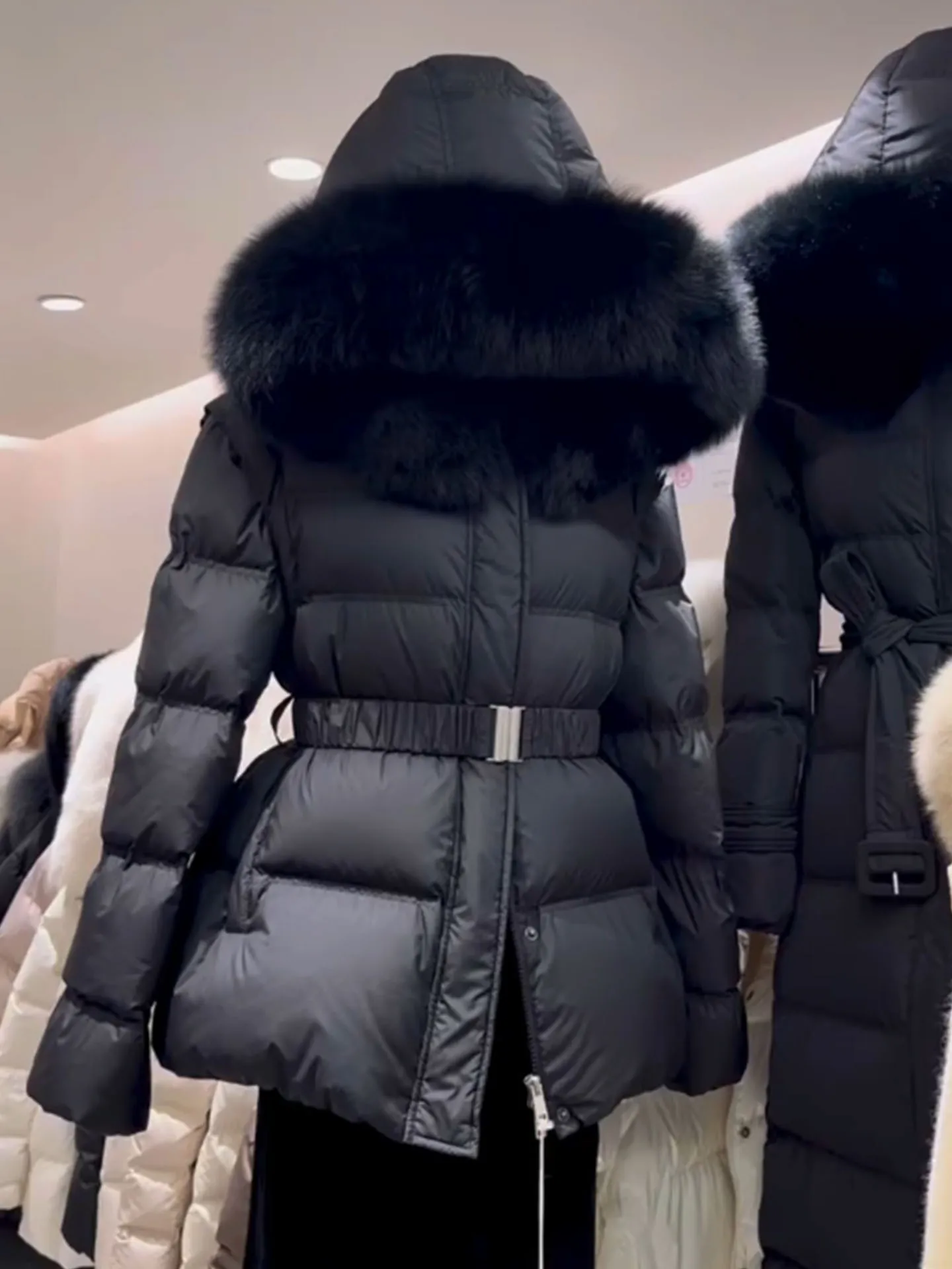 

Sli Bla Hooded Waist-Cinching down Jaet Women's Winter 2025 New Trend Thi Outerwear Mid-Length Fur Collar