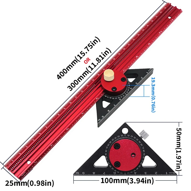 AB46-Precision Scribe Ruler Aluminum T-Type Line Drawing Hole Ruler Woodworking Square Layout Marking Gauge
