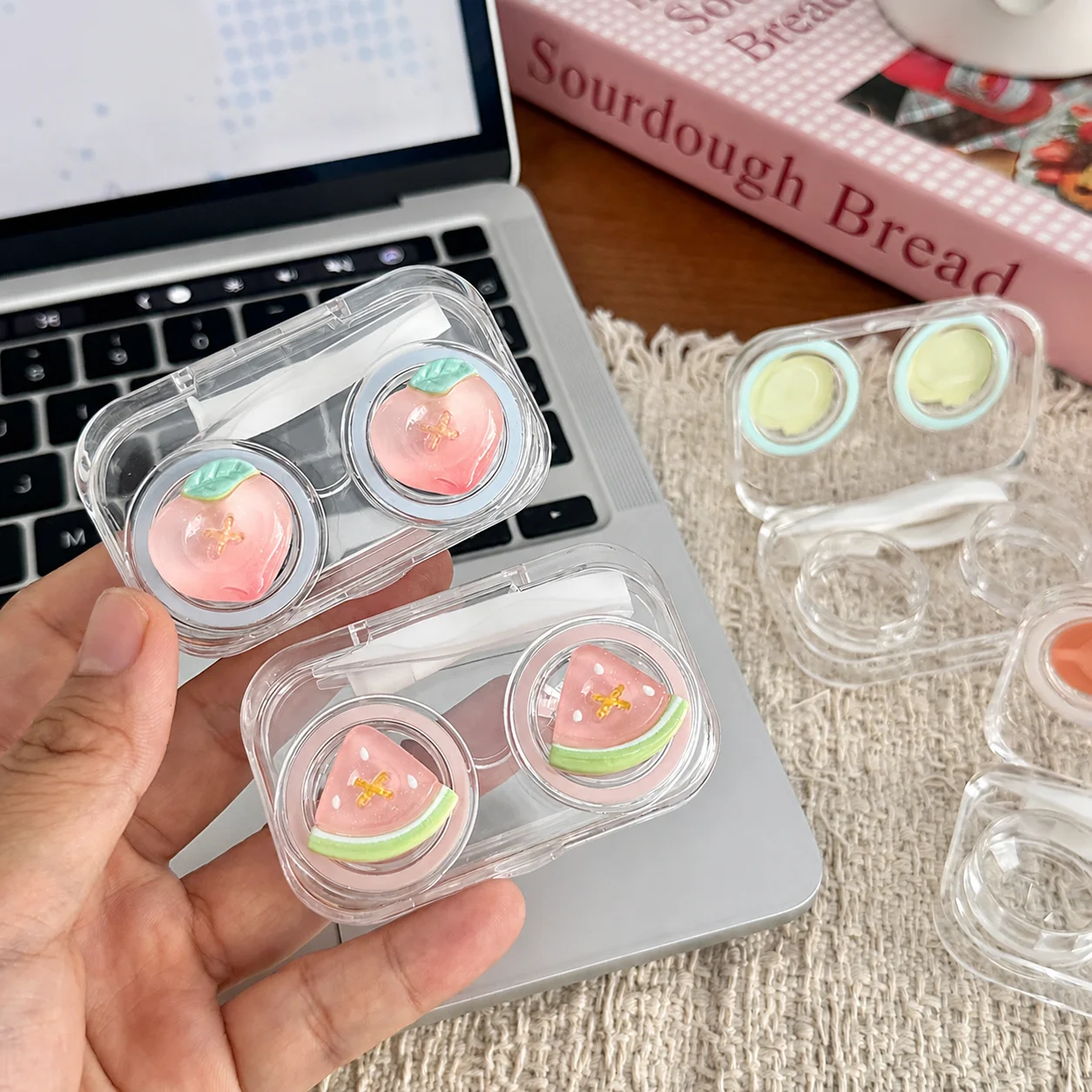 Cute Fruit Button Contact Lens Case Transparent Plastic Flip Open Leak Proof Portable Travel Contact Lens Storage Box