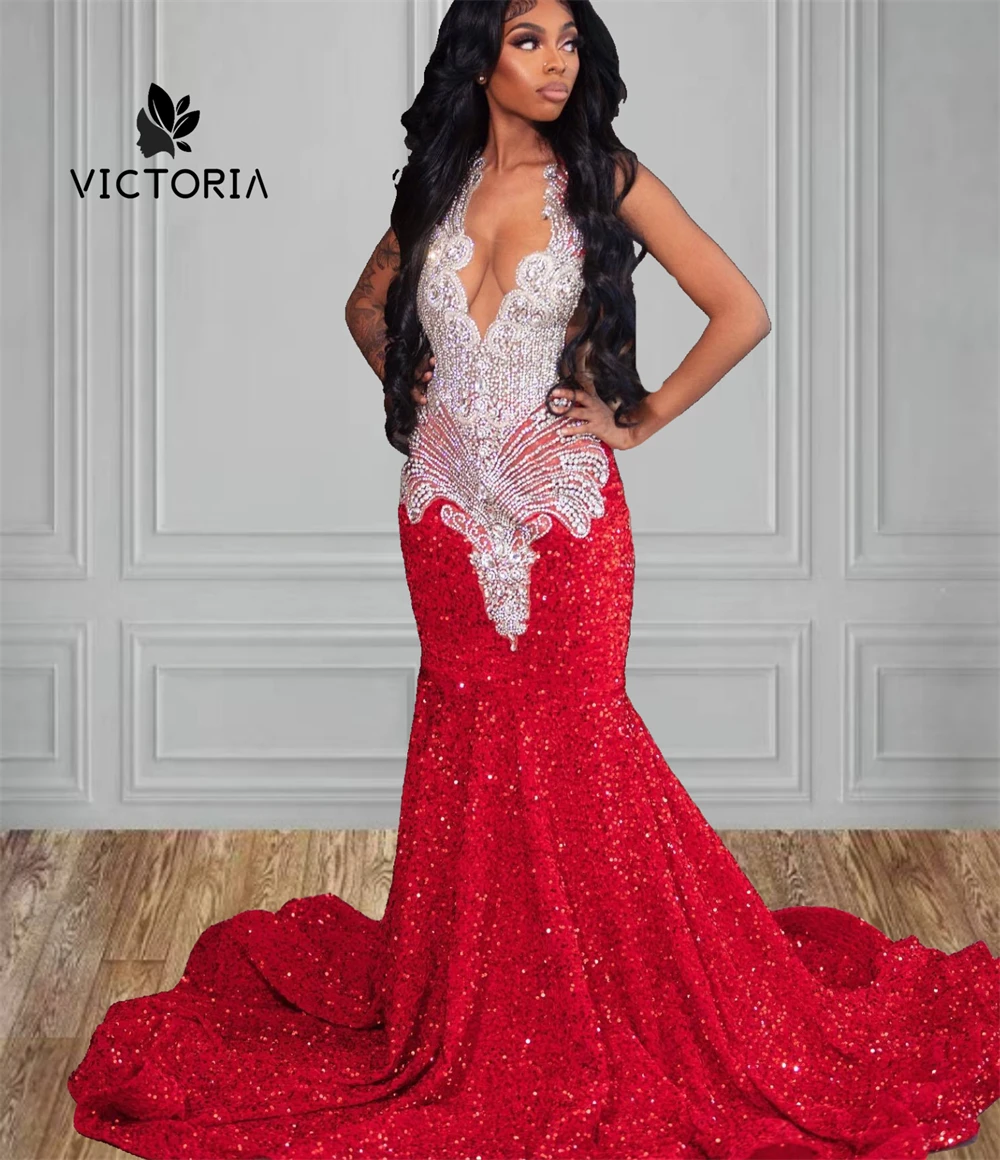 Fantastic Red Sequin Prom Dresses 2025 Crystal Beading Halter Christmas Party Dress Black Girls Cocktail Gown Mermaid Customized