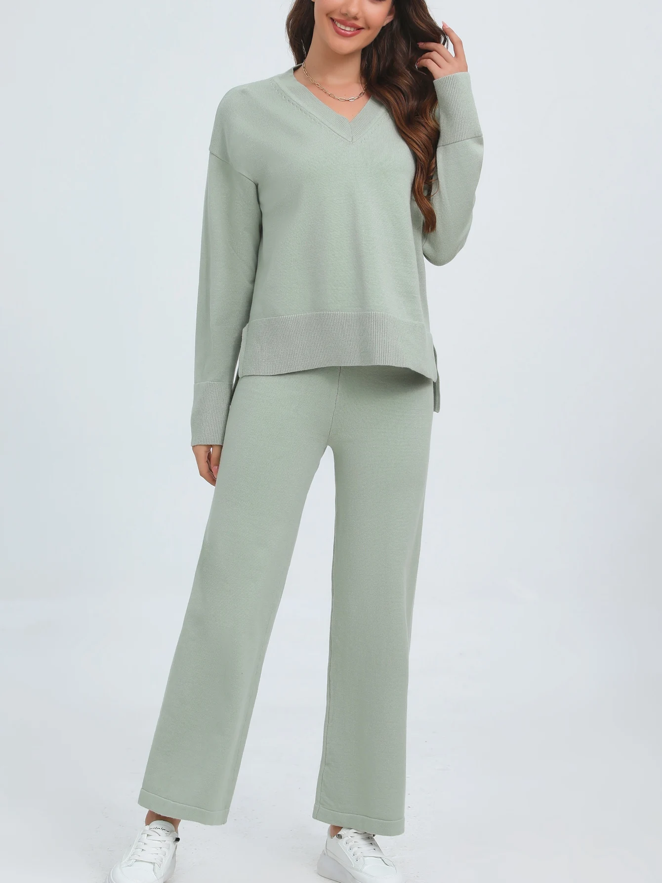 GIGOGOU CHIC Spring Autumn Women Casual Sweater Set V-Neck LadysTwo Piece Knit Pant Tracksuit