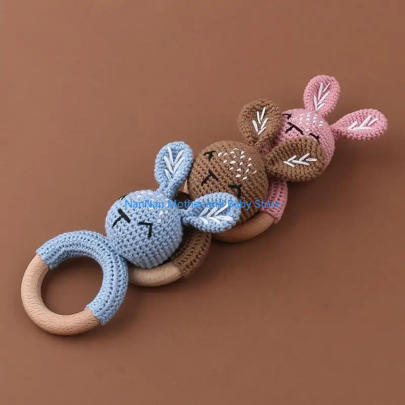 خيط القطن الكروشيه الحيوان حشرجة الموت محبوك اليد جرس الطفل عضاضة حلقة خشبية اليدوية BPA الحرة مضغ ألعاب التسنين