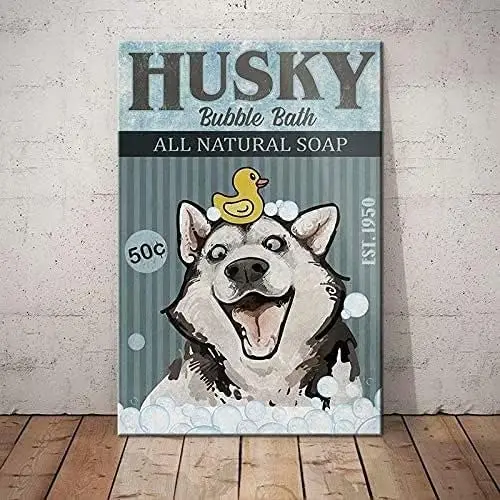 UOAIUDT Husky Dog Metal Sign Husky Bubble Bath All Natural Soap Tin Sign Retro Plaque Wall Decor For Home Kitchen Bathroom Bar P