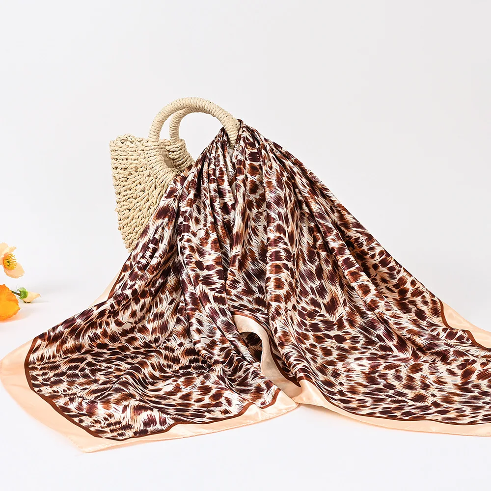 Popular Square 90cm Brand Leopard Pattern print flower Women Silk Scarf Bandanna Fashion Hijab Lady Wrap Headband muffler