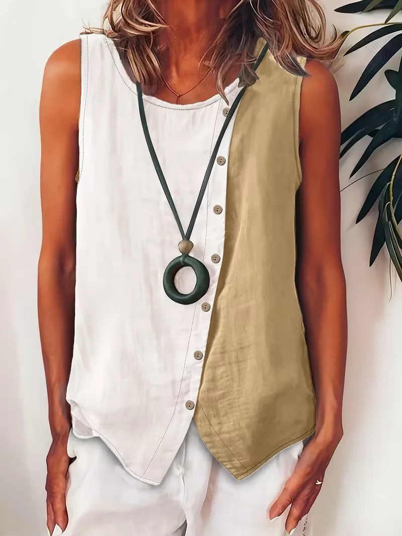 2026 Europäische und Amerikanische Neue Damen Freizeit-Colorblock-Ärmellose Knopfbluse mit seitlicher Einreihiger Knopfleiste, Rundhals – Detail 5