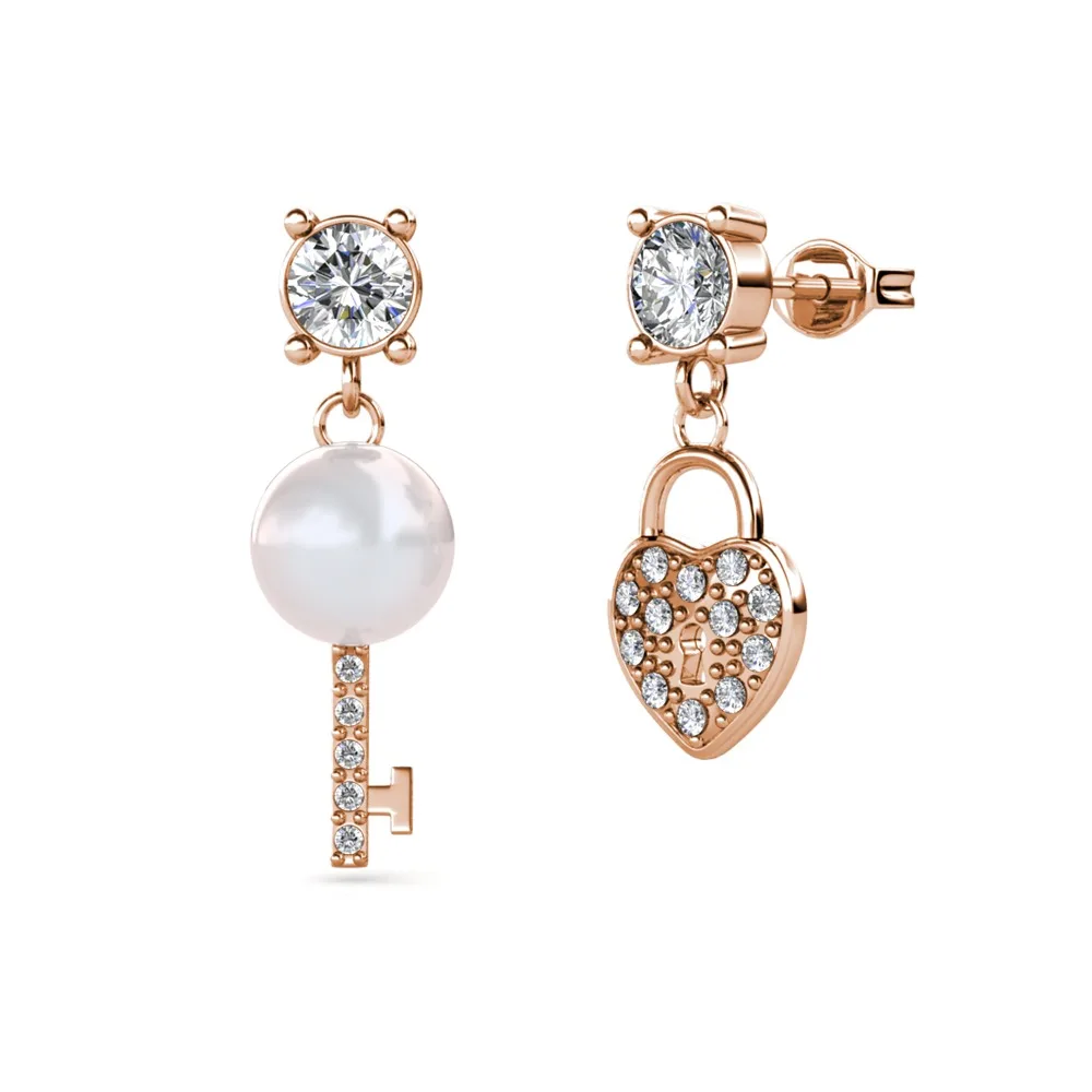 Daisini Women's Asymmetric Stud Earrings with Swarovski Crystals Copper Key Lock Design Fashion Jewelry Ideal Ladies Part Gift
