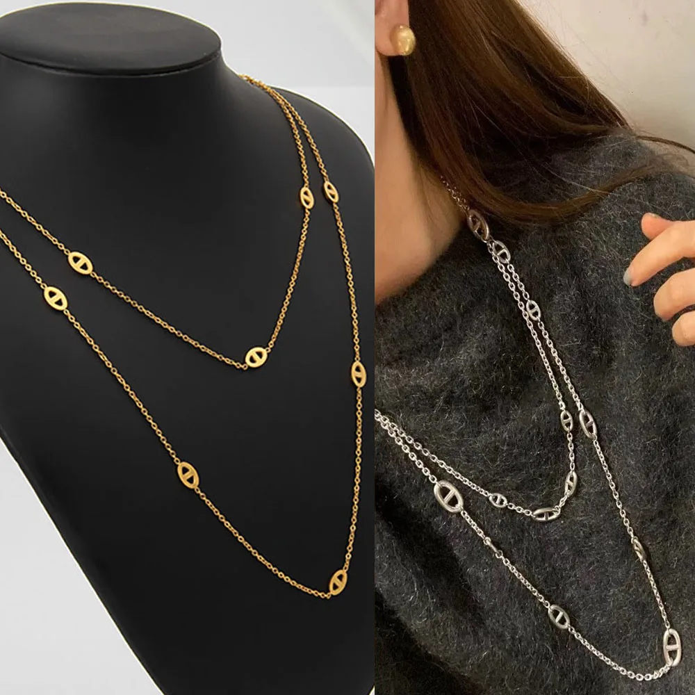 Shiny Gold plated chain necklace women Daily fashion sweater chain two styles short and long