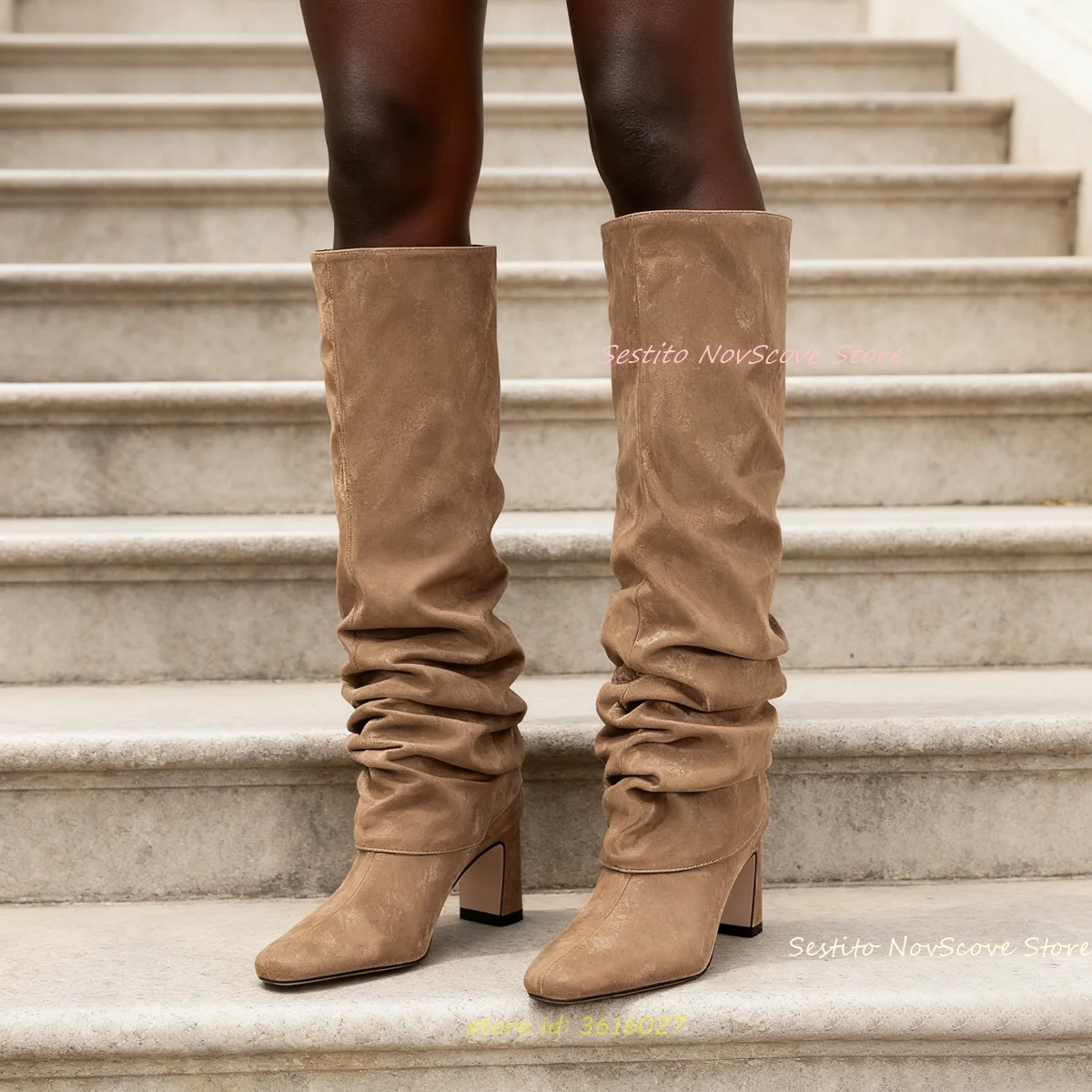 

Коричневые складные сапоги с квадратным носком на тонком каблуке со съемным рукавом, классические осенние пикантные женские сапоги до колена, классическая обувь