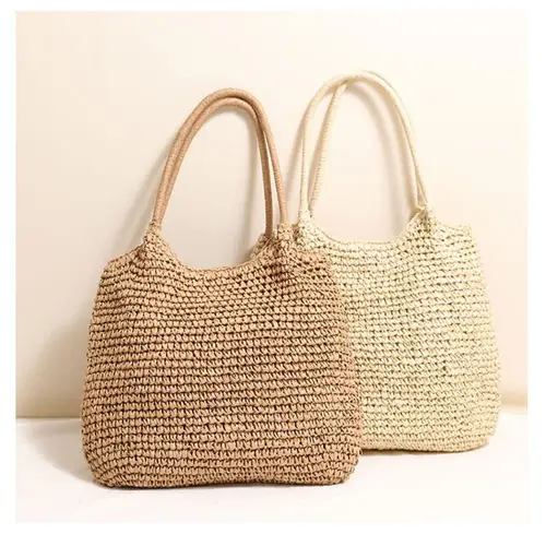 Imagen 2 del producto Bolso de mano de paja de moda, bolso de playa tejido de gran capacidad, bolso de hombro informal cuadrado de Color sólido, bolso de playa