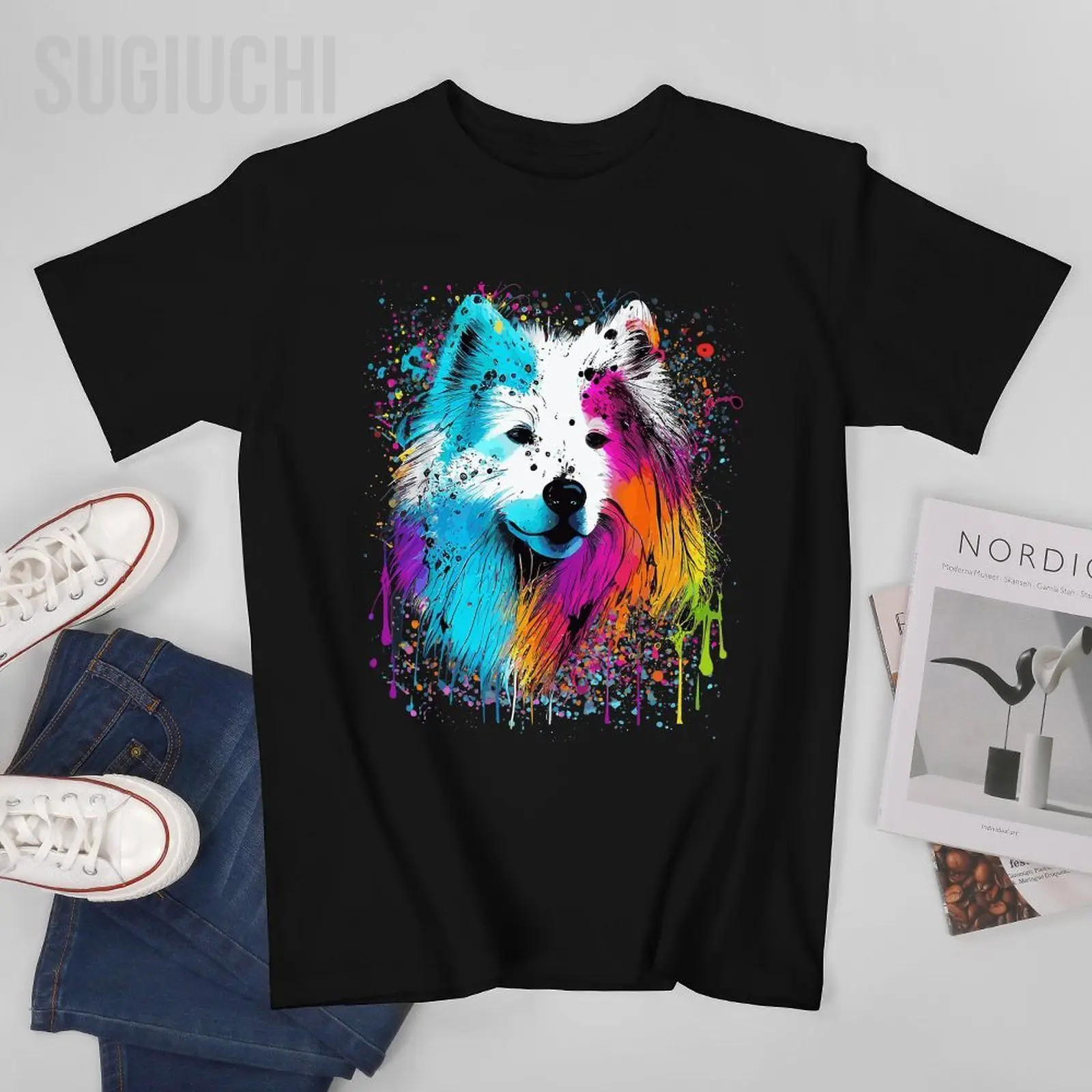 Unisex Men Colorful Splash Art Samoyed Portrait Puppy Owner Tshirt Tees T Shirts Women Boys 100% Cotton T-Shirt