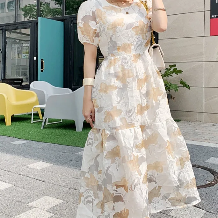 2026 Summer New Korean Style Chic Casual Floral Patterned Tie Dress Fashionable Banded Waist Skirt for Ladies Bubble Sleeve