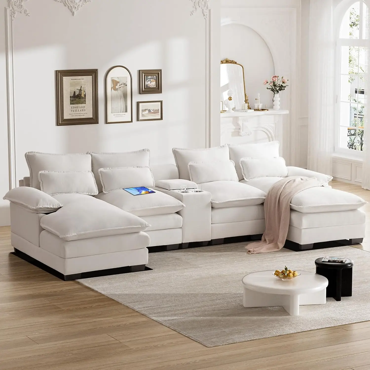 124" U Shaped Cloud Couch Sectional Sofa with Chaise Lounge, Cream White, Customized