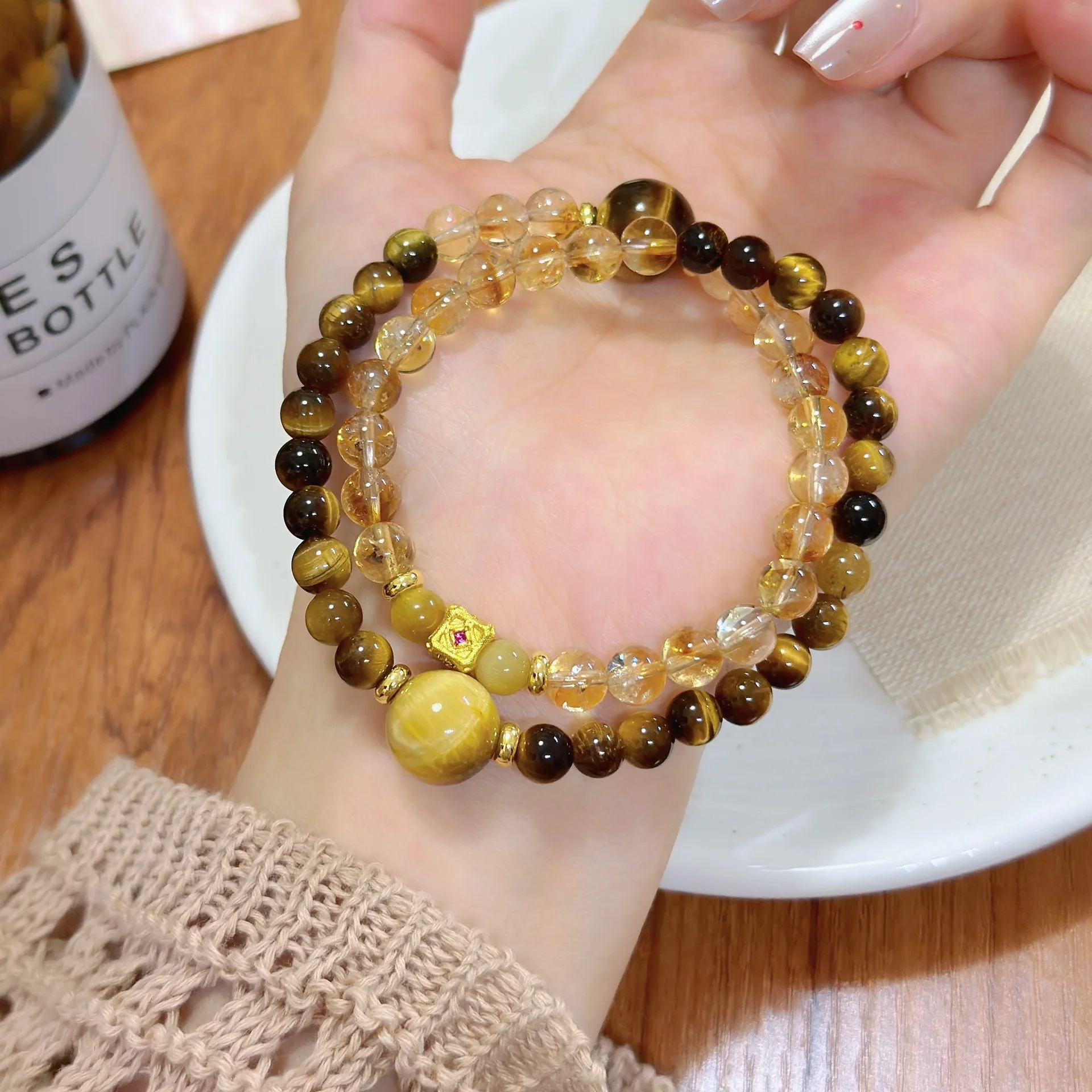 

Natural DIY Handmade Round Yellow Tower Bead Tiger Eye Crystal Bracelet Jewelry Batch Lucky Hand String