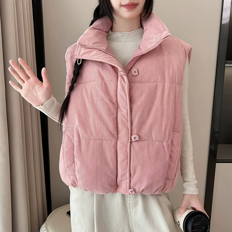 2025 Chaleco suelto de algodón de pana con plumas y cierre de cremallera, chaleco rosa para ir al trabajo para mujer, moda de otoño e invierno para mujer