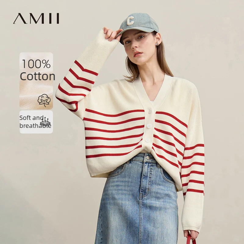 Amii Cardigan Woman 2026 Spring New Casual V-neck Contrast Stripes Cardigan Cotton Drop Shoulder Sleeve Short Knitwear 12641126