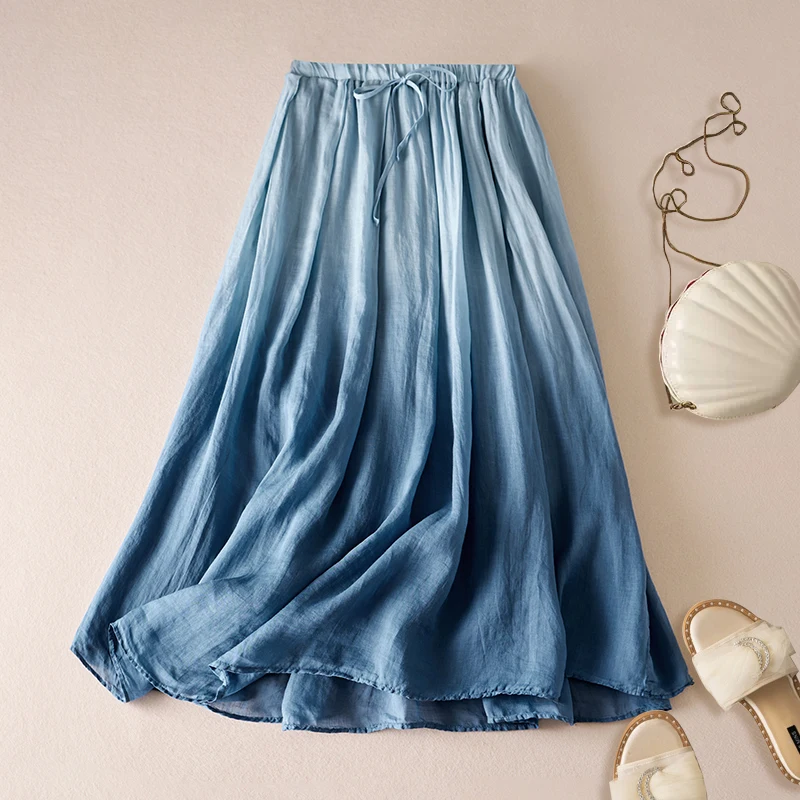 

Women's Summer Skirt Gradient Color Chic and Elegant Thin Cotton Linen Long Y2k Style Korean Fashion stylish Free Shipping