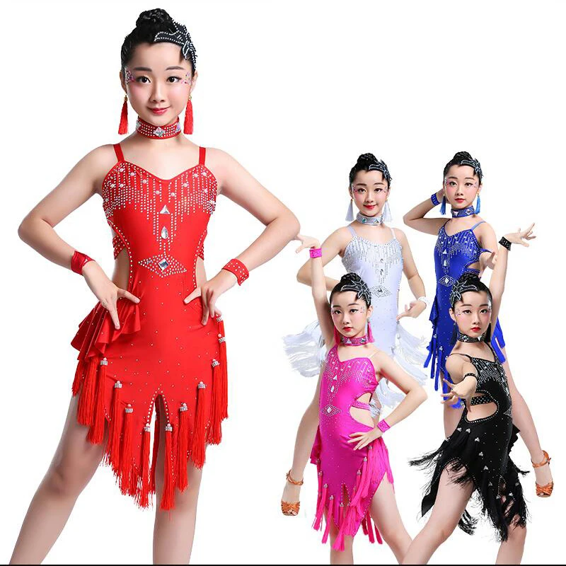 Glands paillettes filles salle de bal danse latine vêtements enfants Salsa compétitions Costumes filles patinage artistique robe Rave vêtements