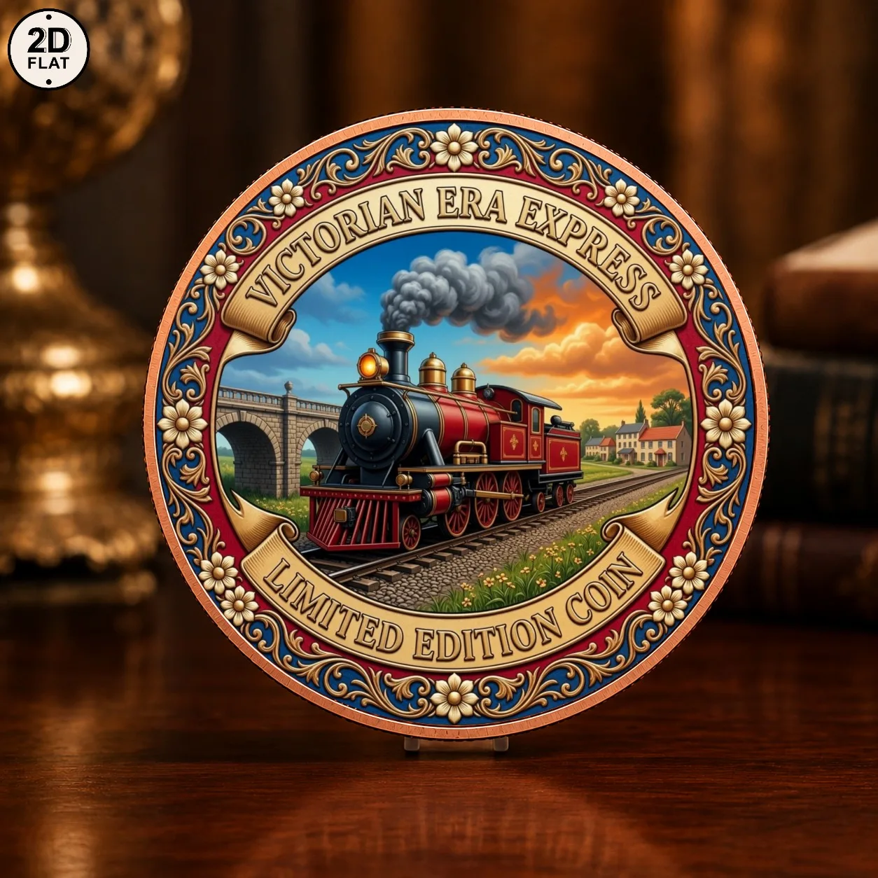 1pc 1oz .999 Fine Copper Victorian Steam Train Challenge Coin UV Print Vintage Locomotive Commemorative Token for Train Fans