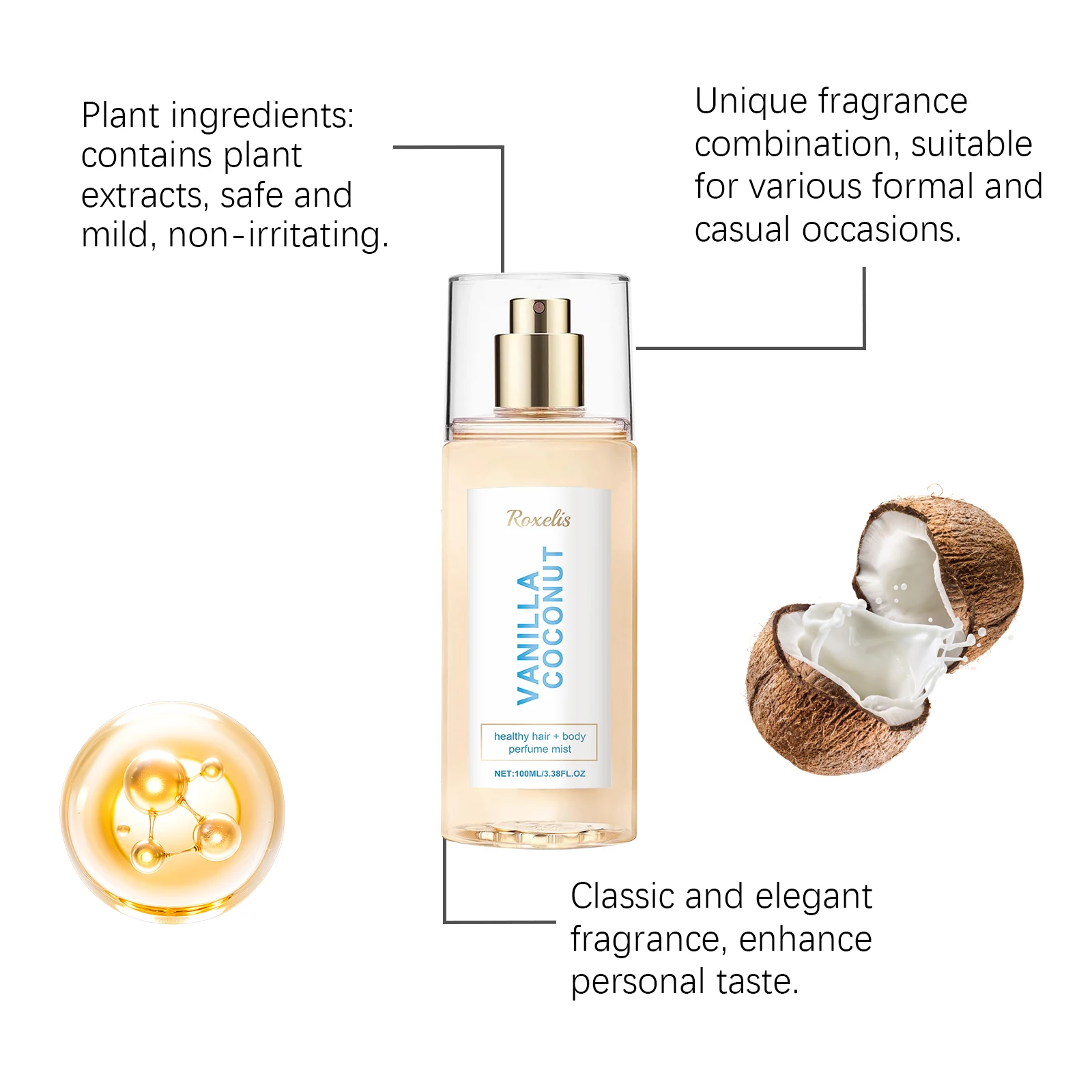 록셀리스 바닐라 코코넛 바디 미스트 - 유니섹스 롱래스팅 향수, 휴대용 헤어 & 바디 스프레이 (데일리 사용)